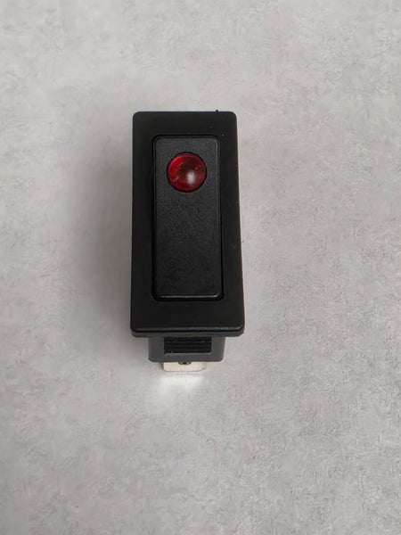 Part # RR44301-BR (Mini-Euro Rocker Switch, SPST, ON OFF, 12V True LED Red Lit, Black Actuator, 20A, (3) .250" Terminals)
