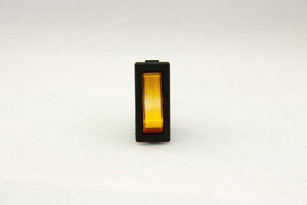Part # RR24301-SA  (Mini-Euro Rocker Switch, SPST, ON OFF, 12V Solid Amber Lit Actuator, 20A, (3) .250" Terminals)