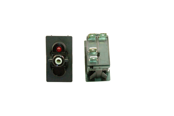 Part # V1D1AC0B-00000-000 (Contura Base, SPST, ON-NONE-OFF, 20A, 12V Rocker Switch, (1) 12V Red LED, (4) .250" Terminals)