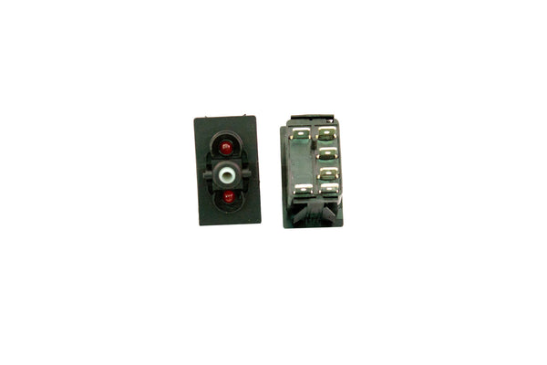 Part # V6D1WCCB-00000-000 (Contura Base, SPDT, ON-OFF-ON, 20A, 12V Rocker Switch, (2) 12V Red LED's, (6) .250" Terminals)