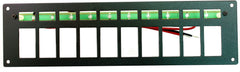 Part # RREPC10  (10 Position Switch Panel - Type: Contura Style Switches - Backlighting with 10 Ultra-Bright Green LEDS with Wire & Mounting Hardware - Size: 3.125"H X 11.5" W)