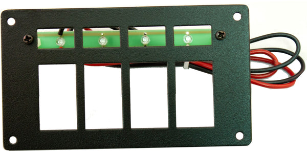 Part # RREPC4  (4 Position Switch Panel - Type: Contura Style Switches - Backlighting with 4 Ultra-Bright Green LEDS with Stand-Offs, 24" Wires, & Mounting Hardware - Size: 3.125"H X 5.5" W)